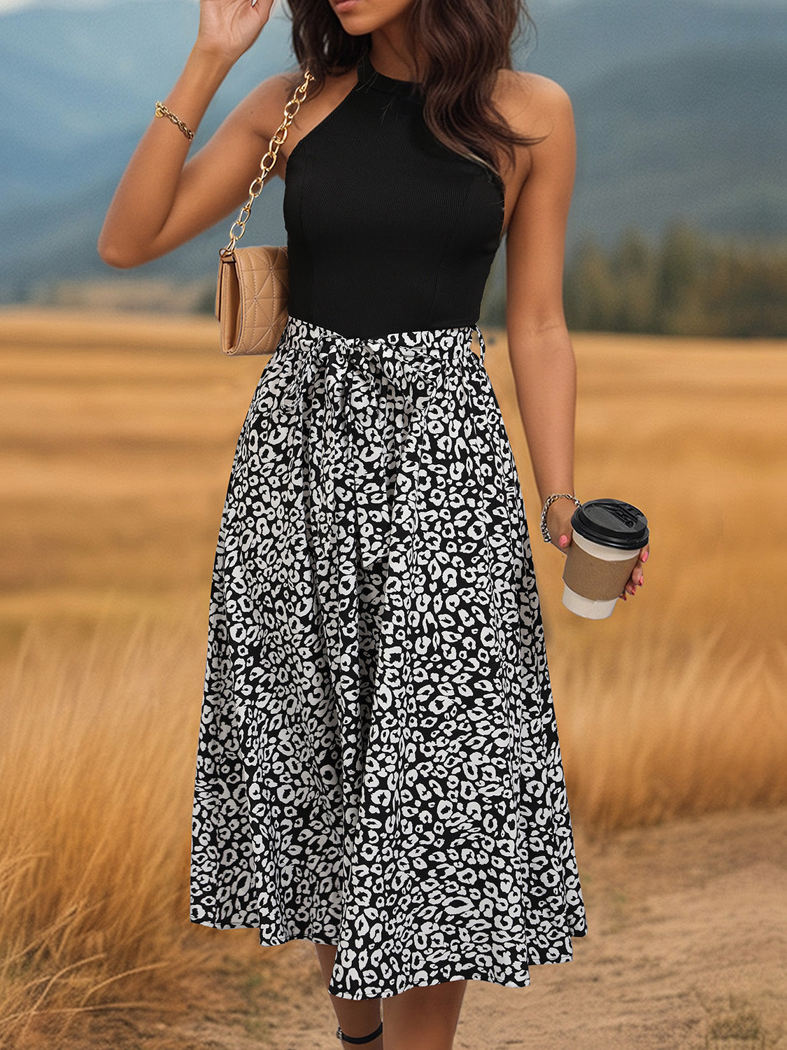 Leopard Halter Neck Midi Dress