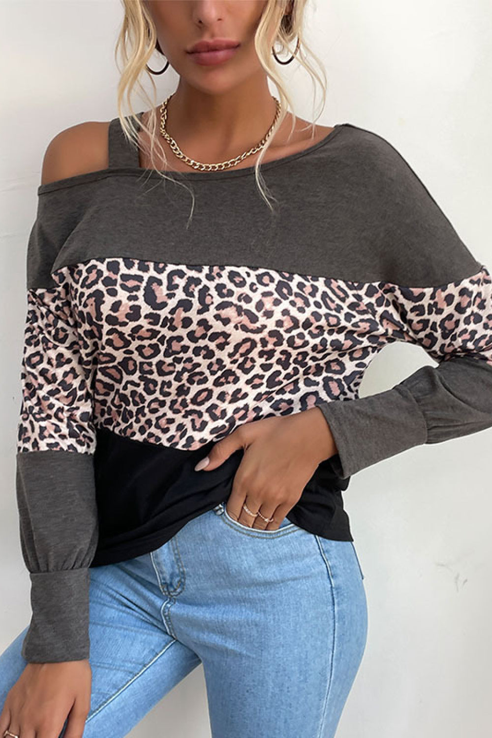 Leopard Print Color Block Cold Shoulder Top