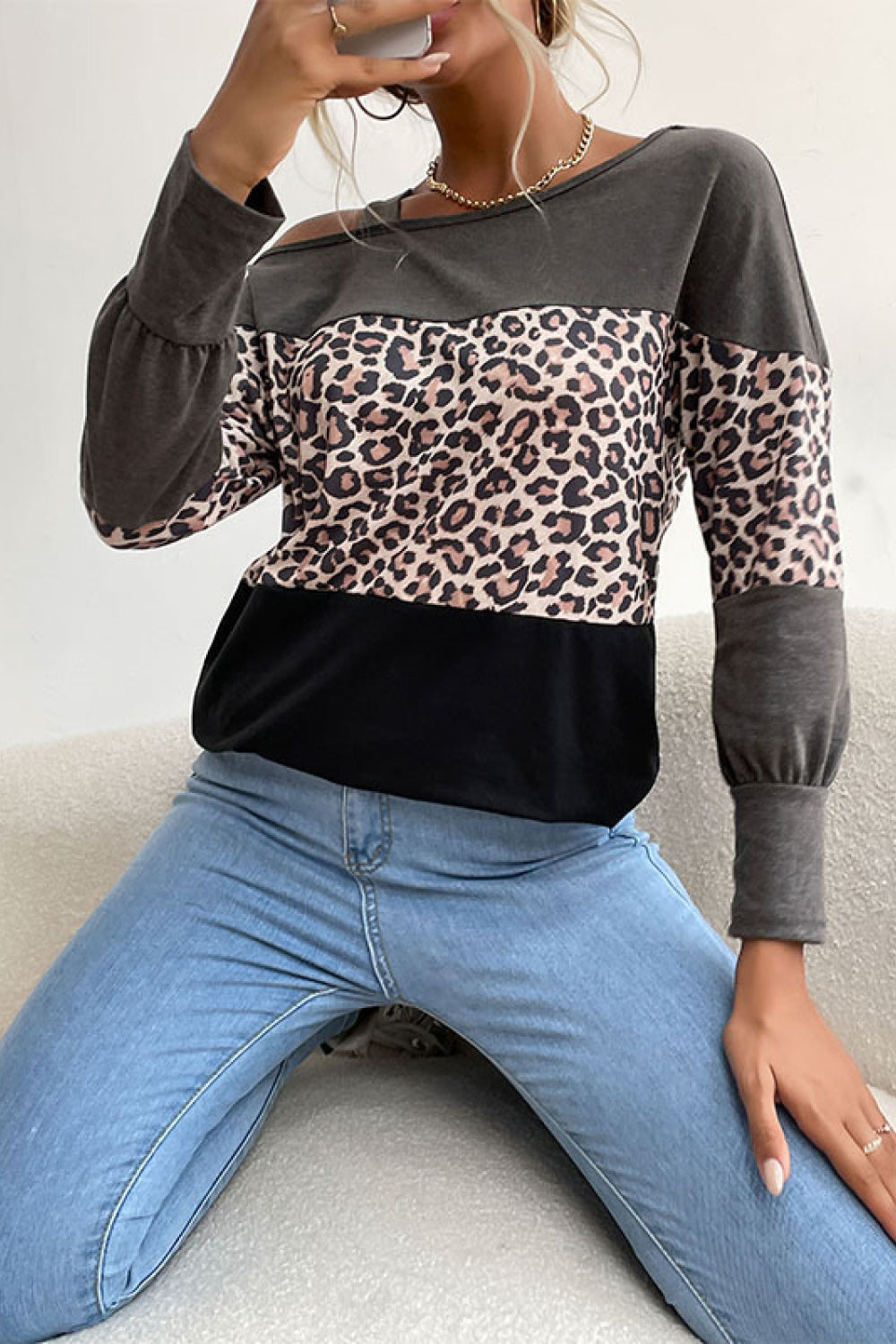 Leopard Print Color Block Cold Shoulder Top