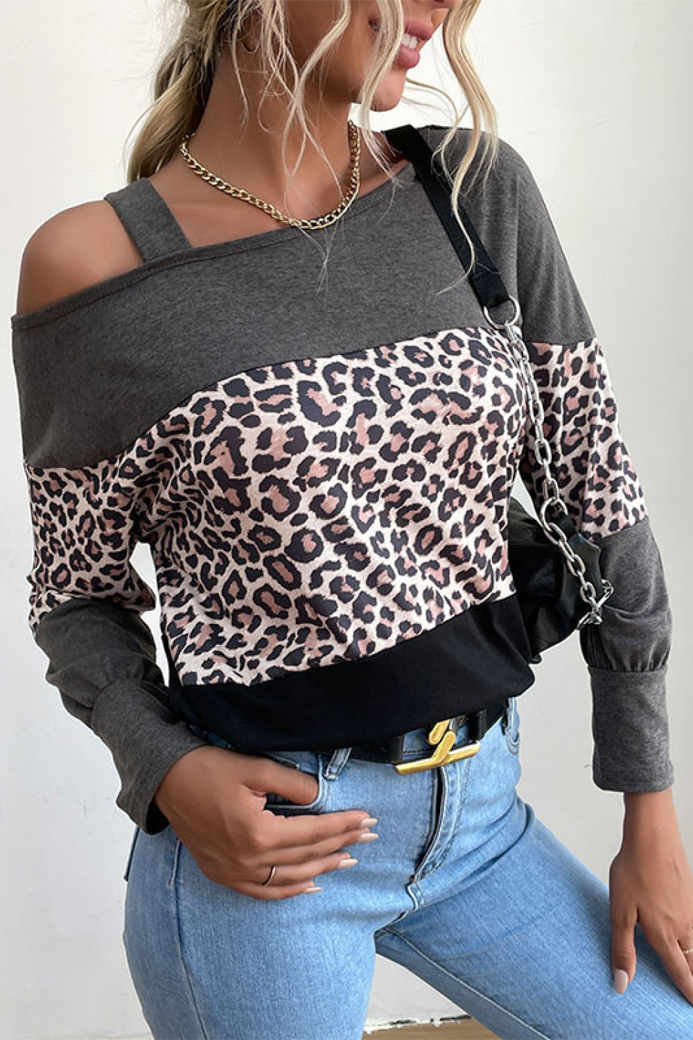 Leopard Print Color Block Cold Shoulder Top