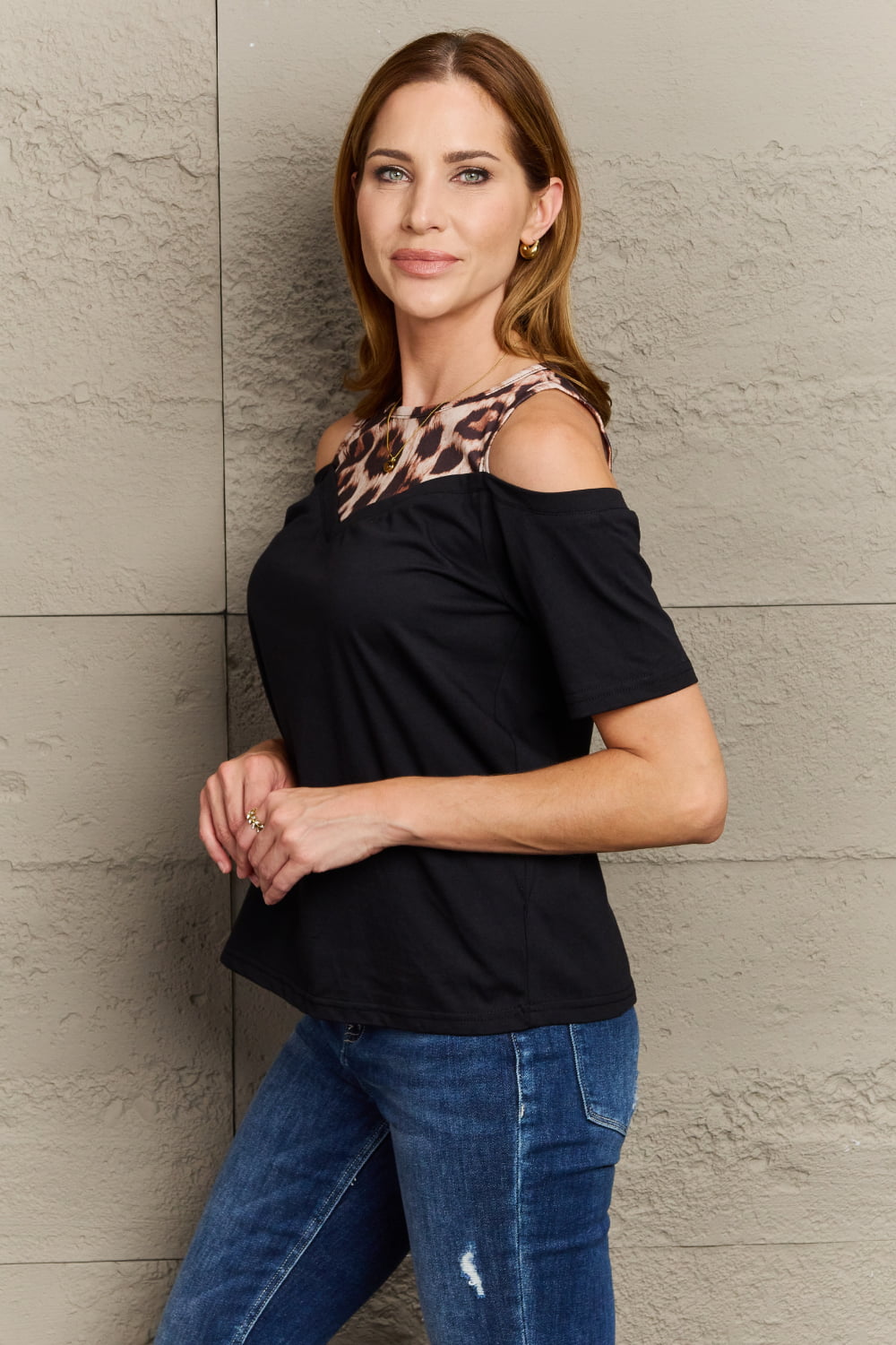 Leopard Print Round Neck Cold Shoulder Blouse