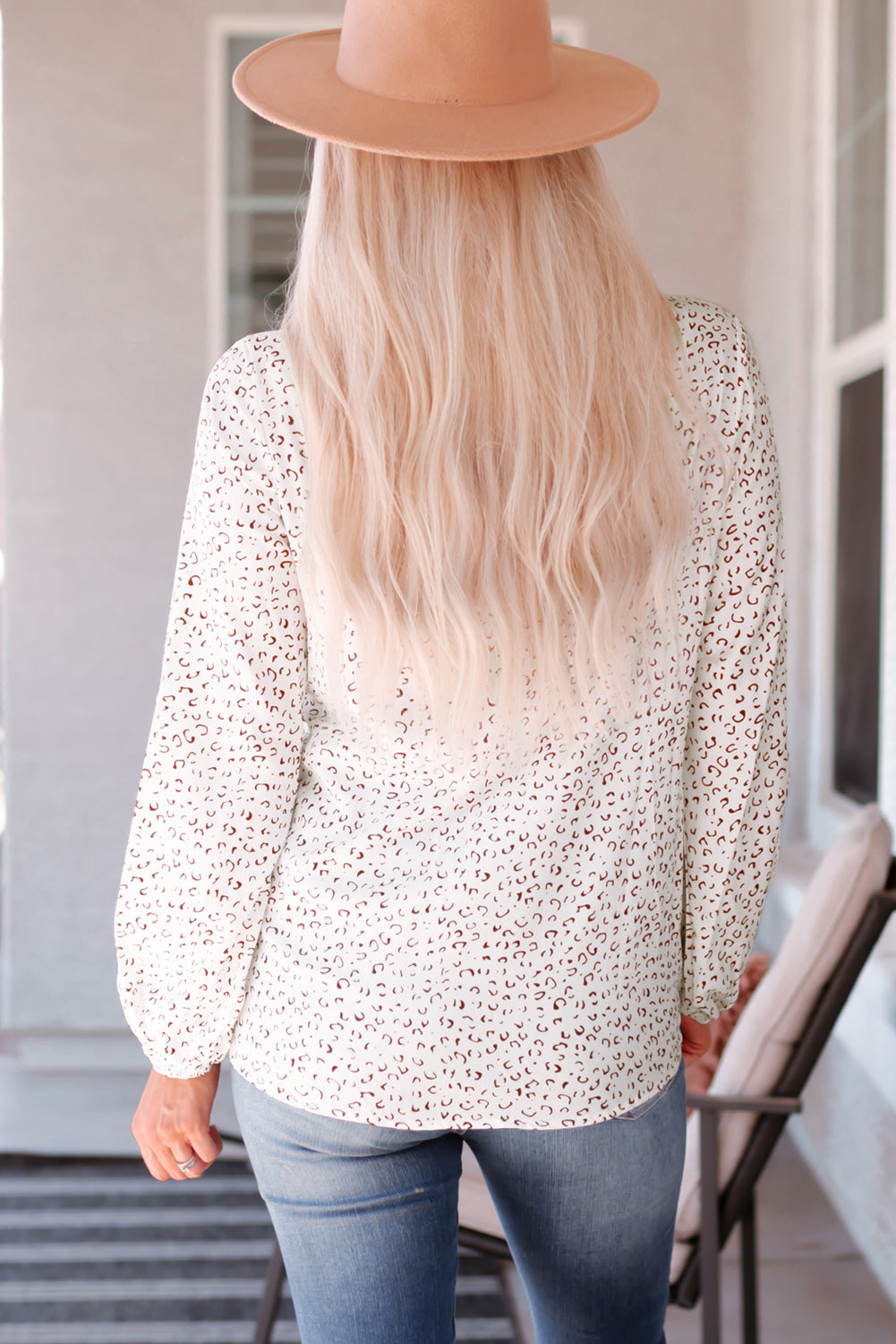 Leopard Round Neck Balloon Sleeve Blouse