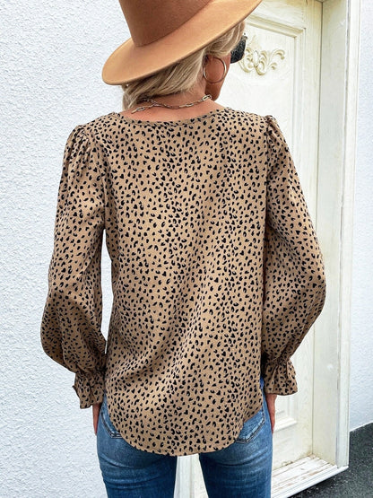 Leopard Round Neck Flounce Sleeve Blouse