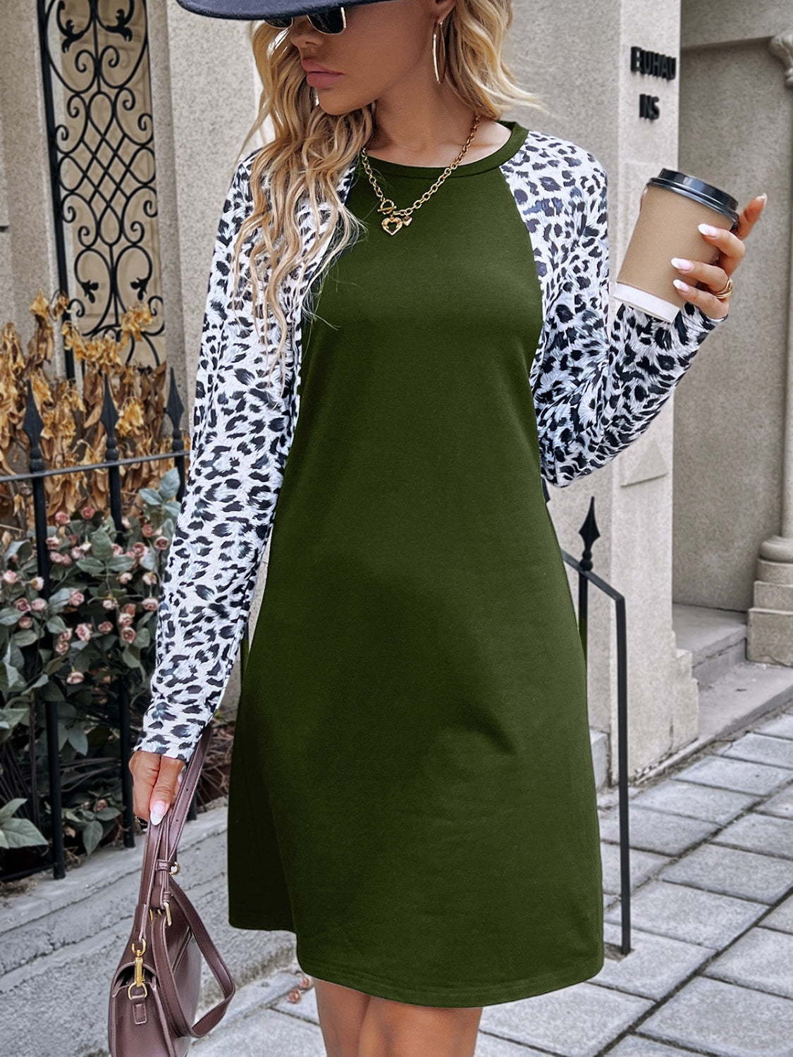 Leopard Round Neck Long Sleeve Dress