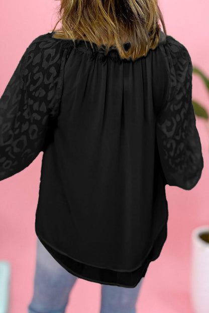 Leopard Tie Neck Balloon Sleeve Blouse