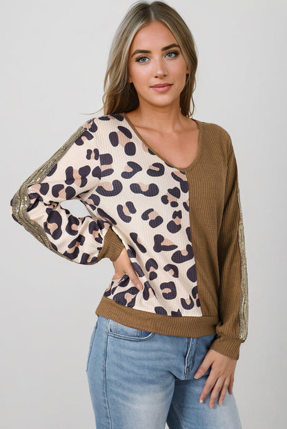 Leopard V-Neck Waffle-Knit Top