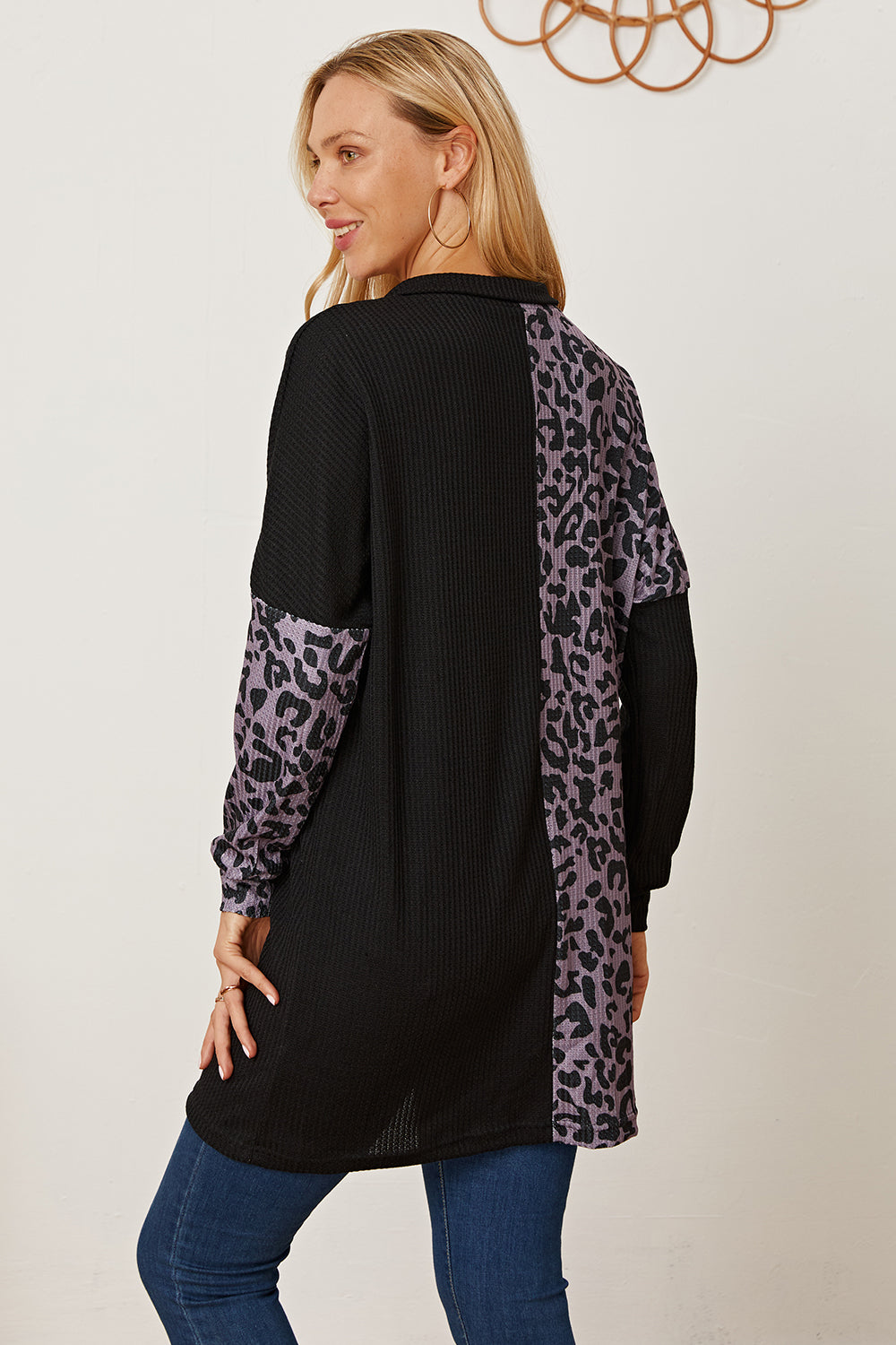 Leopard Waffle-Knit Buttoned Long Sleeve Blouse