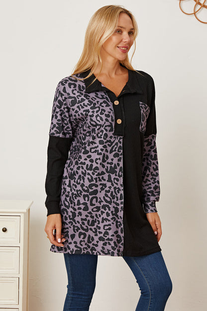 Leopard Waffle-Knit Buttoned Long Sleeve Blouse