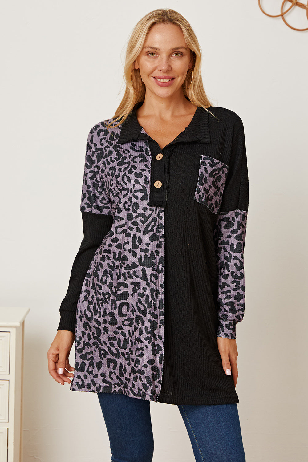 Leopard Waffle-Knit Buttoned Long Sleeve Blouse