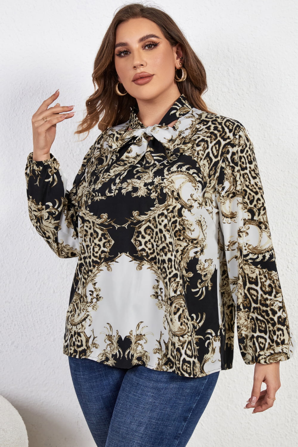 Melo Apparel Plus Size Printed Tie Neck Long Sleeve Blouse