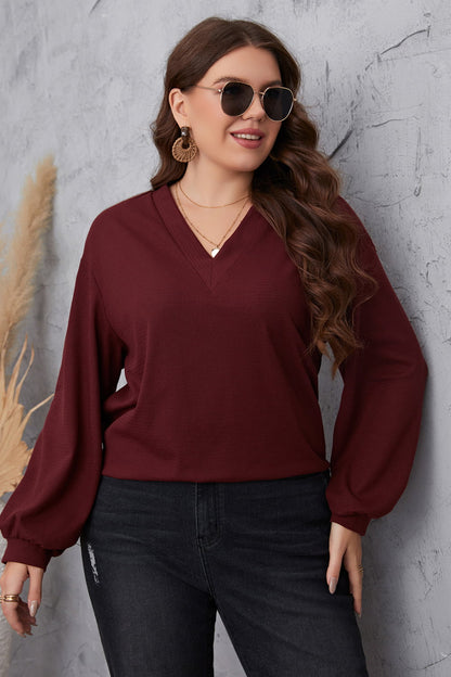 Melo Apparel Plus Size V-Neck Dropped Shoulder Blouse