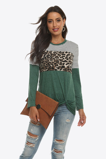 Mixed Print Gathered Detail Long Sleeve Top