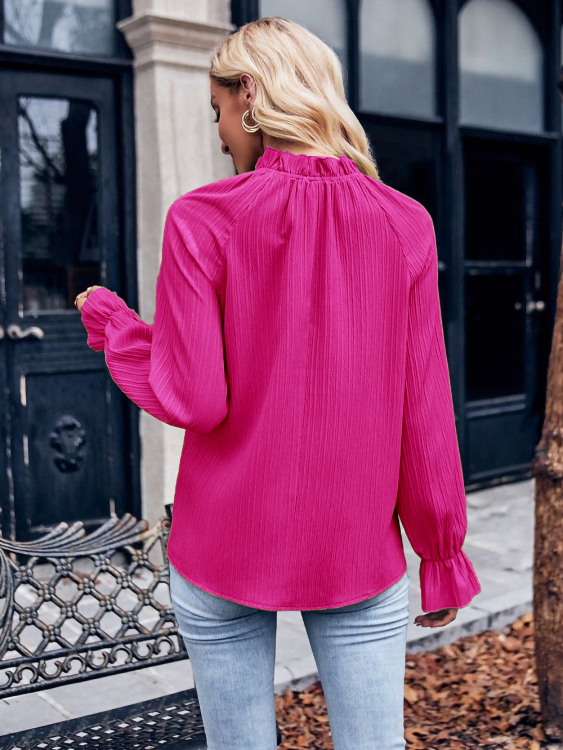 Mock Neck Flounce Sleeve Blouse