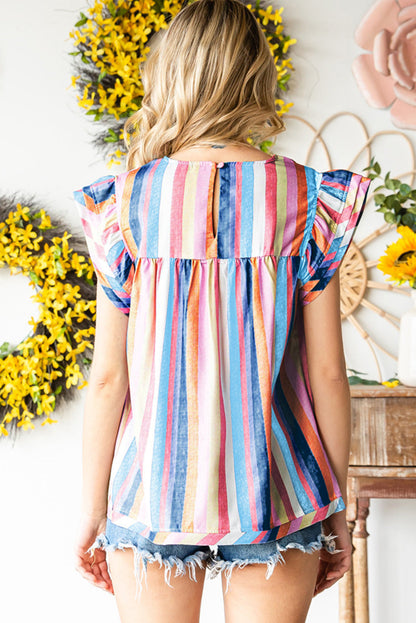 Multicolored Stripe Flutter Sleeve Blouse