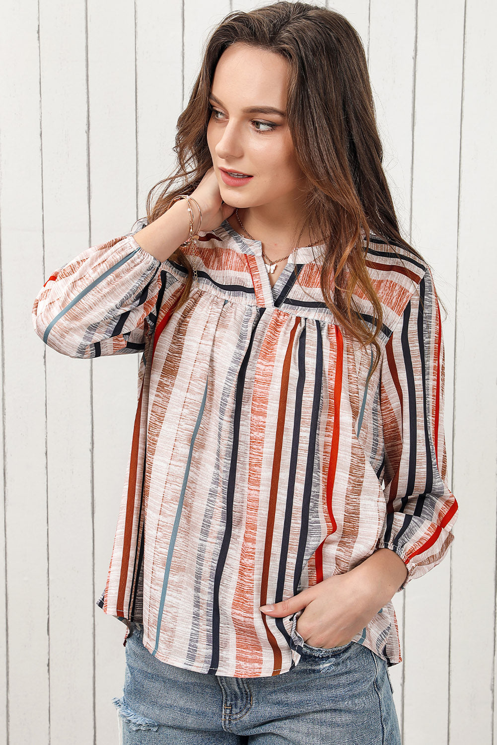 Multicolored Stripe Notched Neck Top