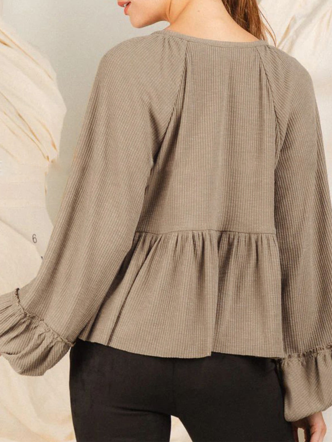 Notched Balloon Sleeve Peplum Blouse