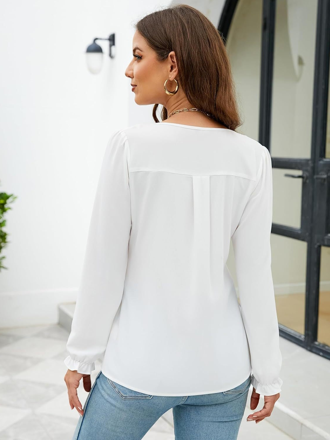 Notched Flounce Sleeve Blouse