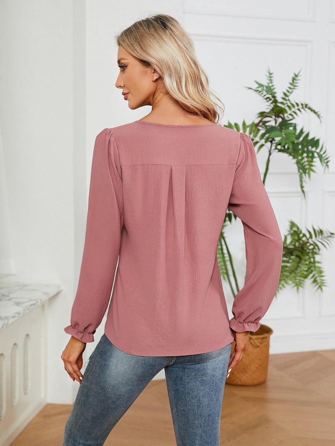 Notched Flounce Sleeve Blouse