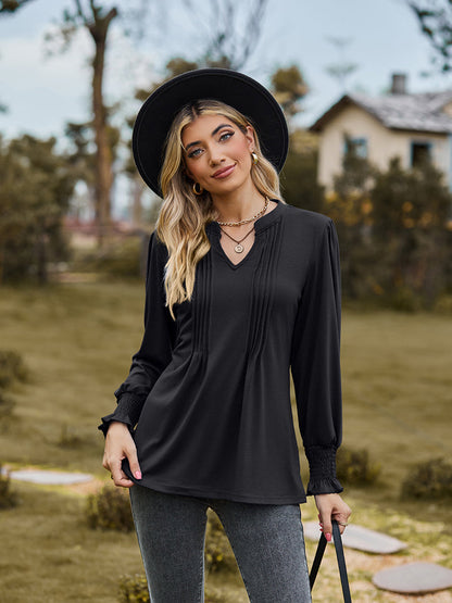 Notched Neck Flounce Sleeve Blouse