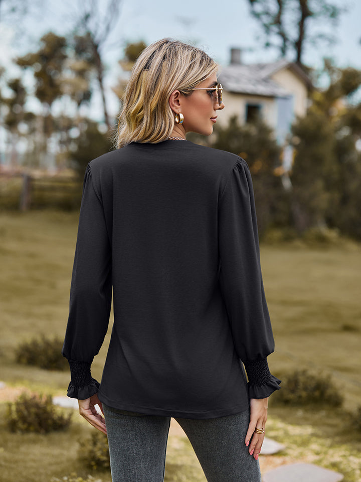 Notched Neck Flounce Sleeve Blouse