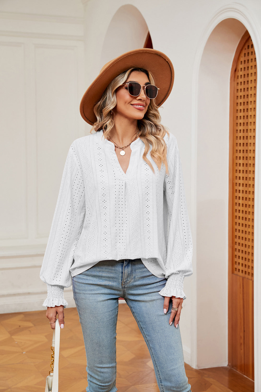 Notched Neck Flounce Sleeve Blouse