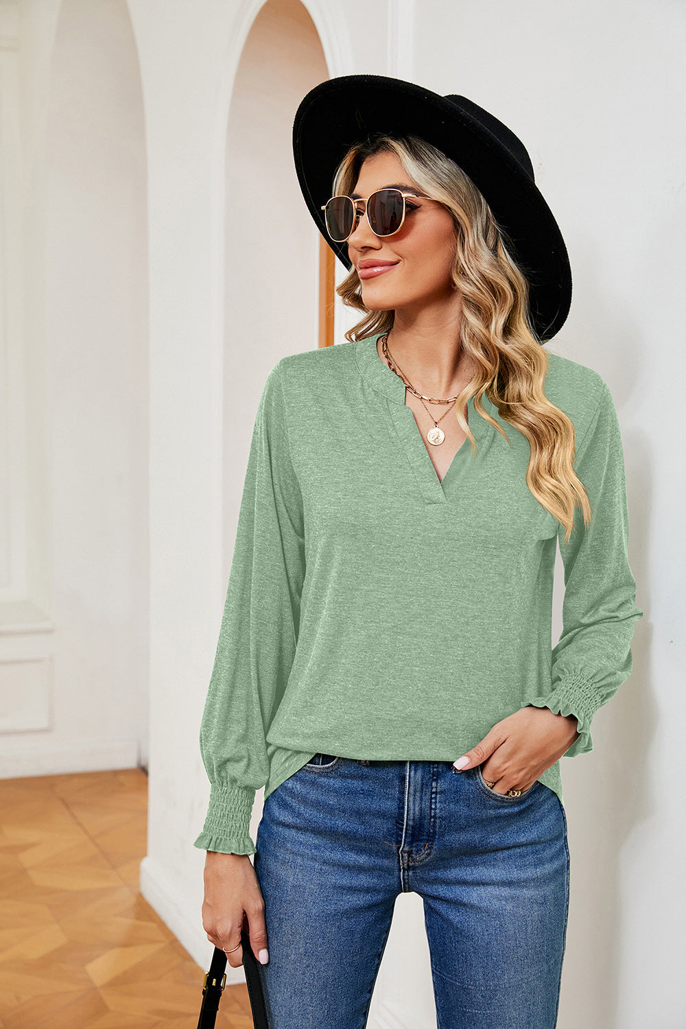 Notched Neck Long Sleeve Blouse