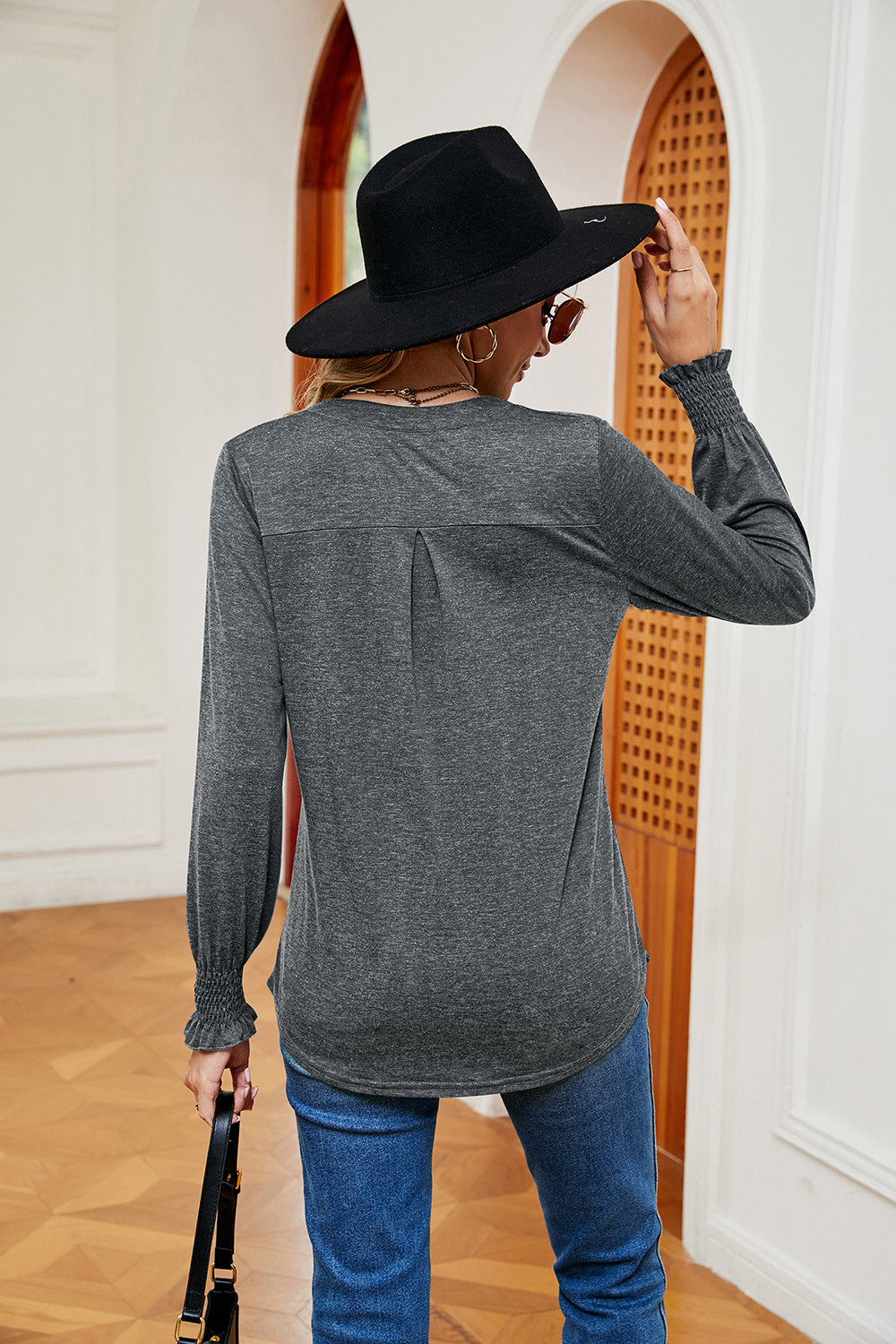 Notched Neck Long Sleeve Blouse