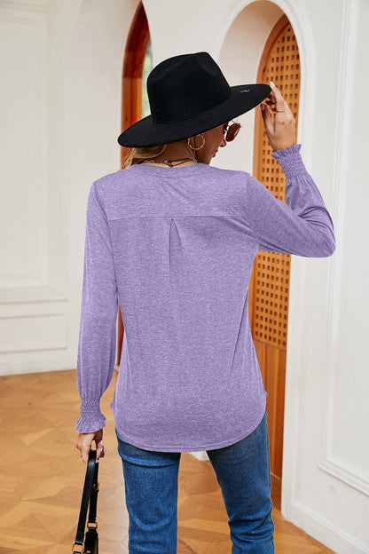 Notched Neck Long Sleeve Blouse