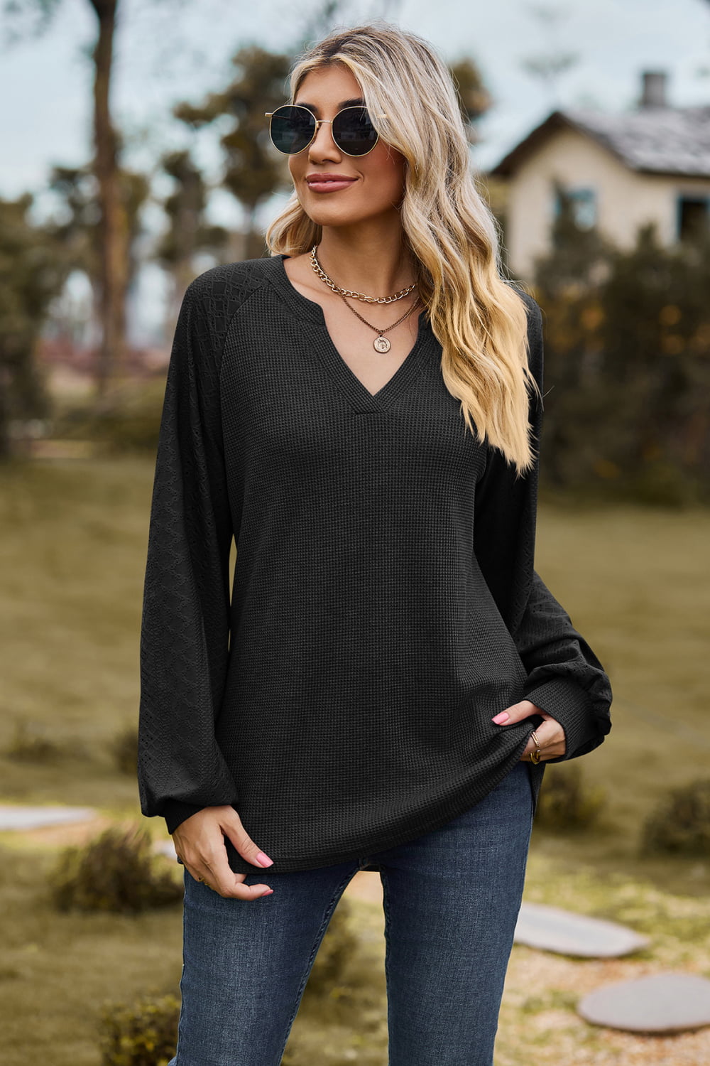 Notched Neck Raglan Sleeve Blouse