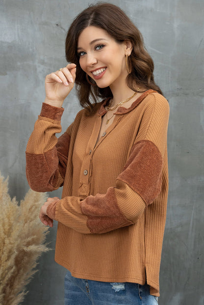 Notched Neck Waffle-Knit Blouse