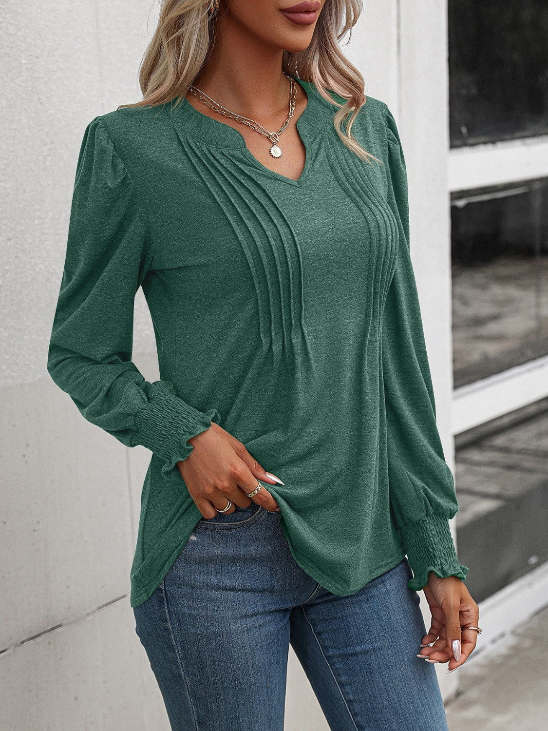 Notched Smocked Lantern Sleeve Blouse