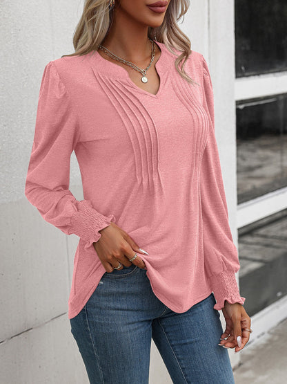 Notched Smocked Lantern Sleeve Blouse