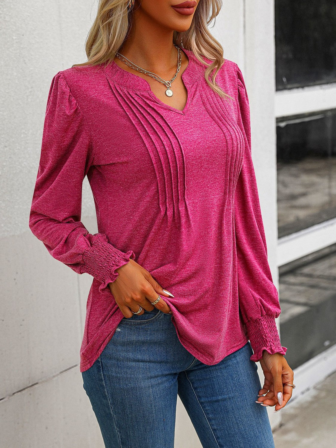 Notched Smocked Lantern Sleeve Blouse