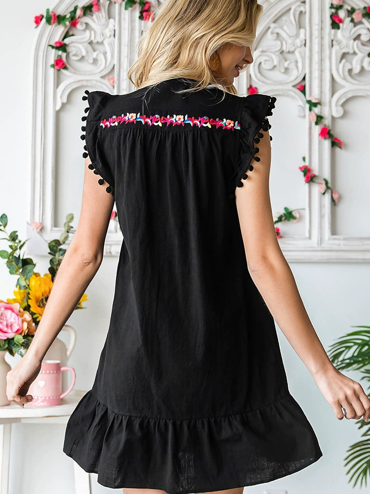 Summer Short Sleeve Fashion V Neck Thin Knee-Length Skirt Embroider
