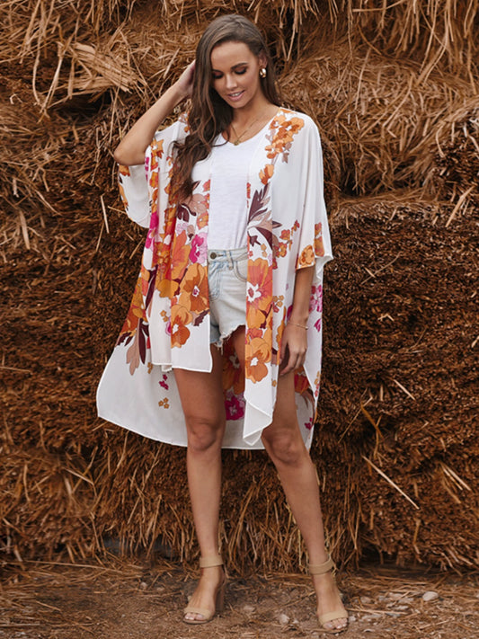2024 European and American Bikini Blouse Cardigan Summer New Arrival Print Beach Sun Protection Clothing Mid Length Long Length Chiffon Blouse for Women