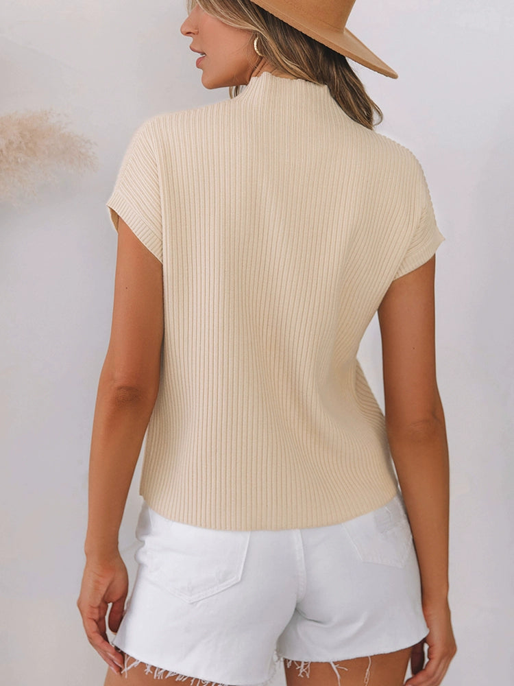 High Collar Casual Easiest for Match Thread Half Sleeve Top Pullover