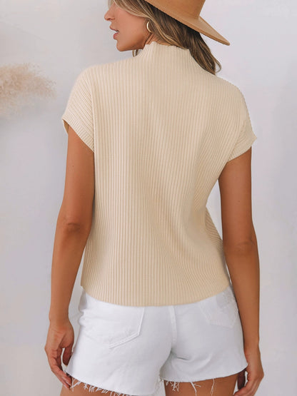 High Collar Casual Easiest for Match Thread Half Sleeve Top Pullover