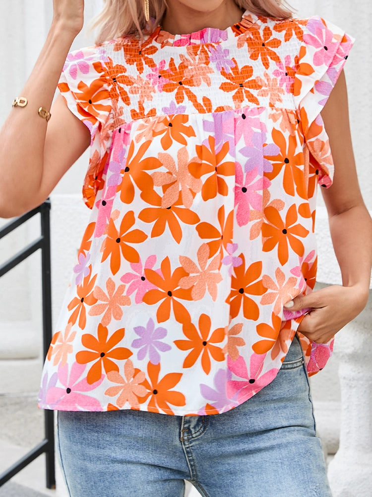 Fashion Plant Pullover Female Summer Smocking Florals Print
