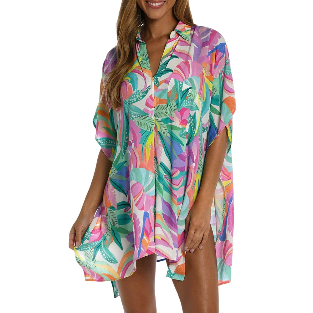 2023 Summer Multi-Color Plant Print Button Half Sleeve Beach Cover-up Fashion Weiyi Style V-neck Double-Breasted Coat for Women