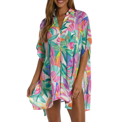 2023 Summer Multi-Color Plant Print Button Half Sleeve Beach Cover-up Fashion Weiyi Style V-neck Double-Breasted Coat for Women