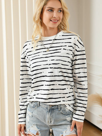 Stripes Thin Minimalist round Neck Pullover Long Sleeves T-shirt