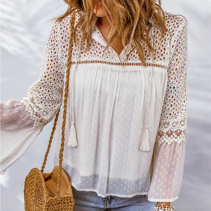 2024 Fall and Winter New Arrival Lace Crochet Chiffon Shirt for Women Fashion Fashion V Neck Drawstring Patchwork Cut Out Long Sleeves Shirt