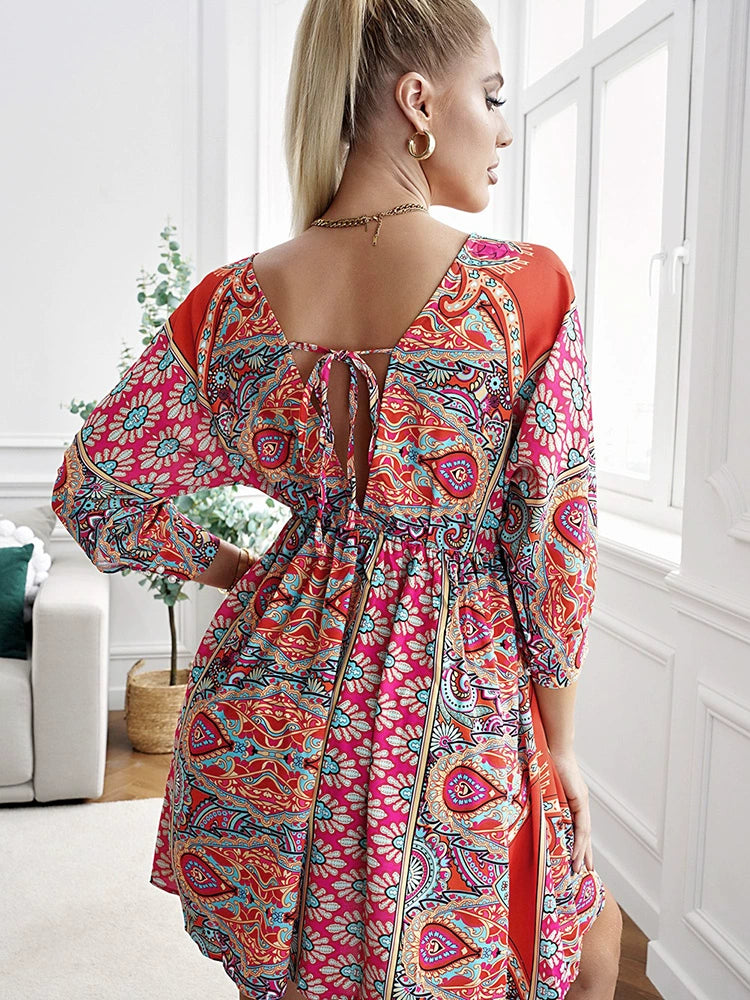 European and American Sexy Deep V-neck Backless Ninth-Sleeve Dress Women's European and American Hot Personalized Printed Waist-Controlled Casual Knee-Length Skirt