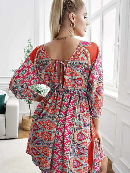 European and American Sexy Deep V-neck Backless Ninth-Sleeve Dress Women's European and American Hot Personalized Printed Waist-Controlled Casual Knee-Length Skirt