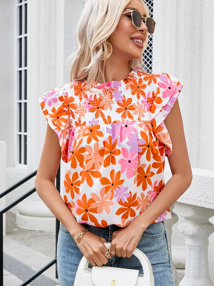 Fashion Plant Pullover Female Summer Smocking Florals Print