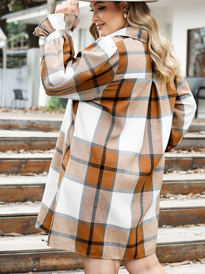 Fall New Arrival Printed Checks Plus Size Dress Women's European and American plus Size Loose Slim Fit Long Sleeves Knee-Length Skirt Women