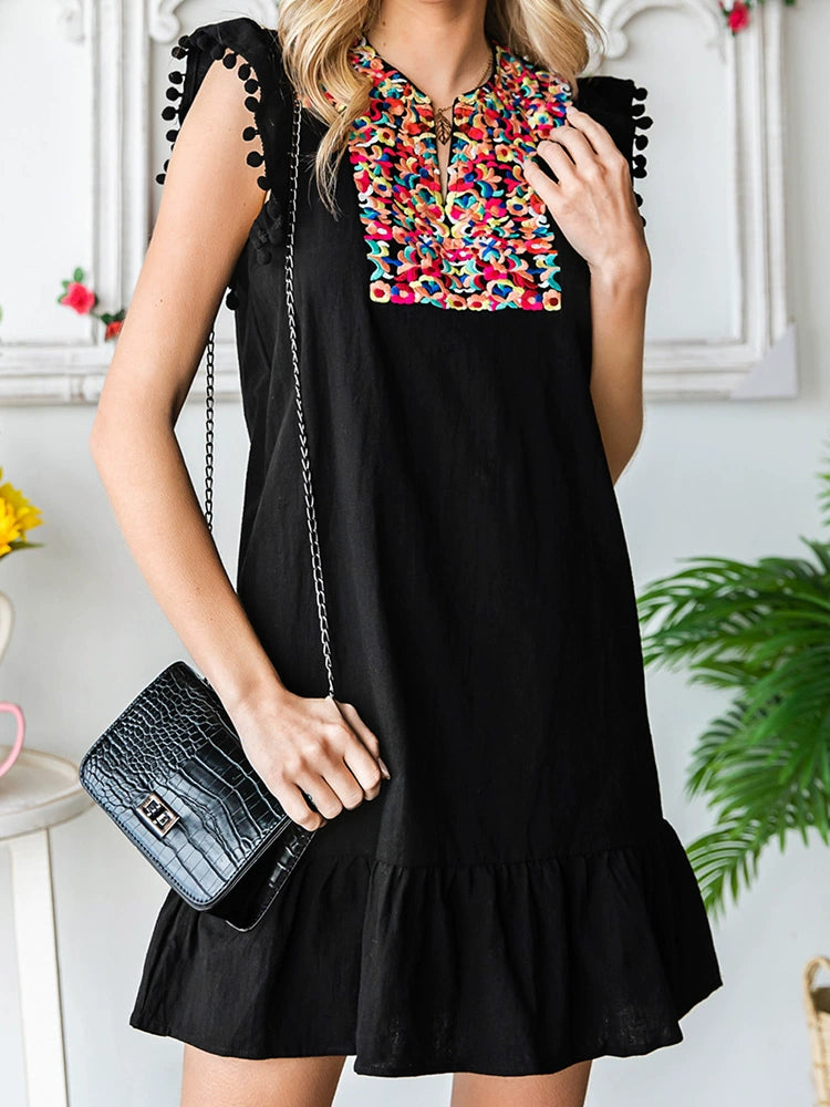 Summer Short Sleeve Fashion V Neck Thin Knee-Length Skirt Embroider