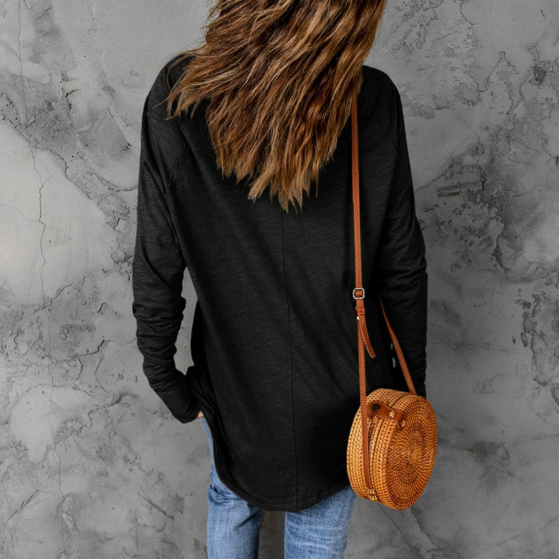 Spring & Fall New Arrival Black Simple Long Sleeve T-shirt Women's Thin Simple Fashion in Europe and America round Neck Pullover Bottoming Shirt Tops Women