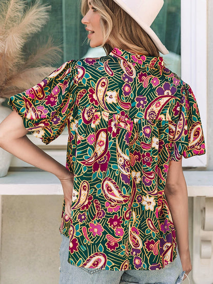 Fashion Paisley Pattern Print Short Sleeve Shirt Women 2024 Summer New Arrival Loose Easiest for Match Three Quarter Sleeve Shirt Women