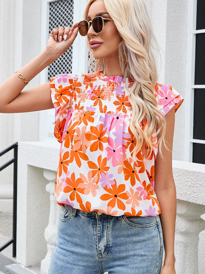 Fashion Plant Pullover Female Summer Smocking Florals Print